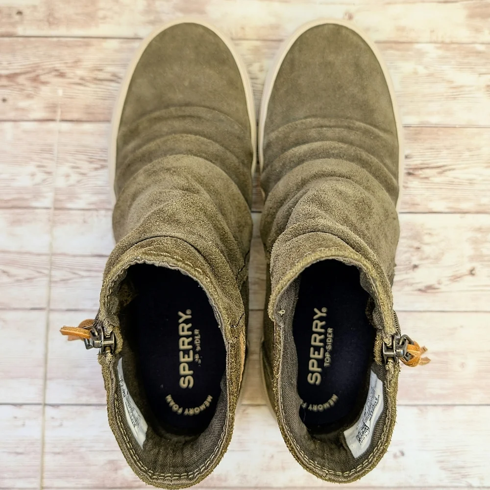 Sperry Suede Leather Ankle Booties Olive Army Green Zipper Women's 7